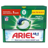 Ariel - 3-in-1 Pods Washing Capsules 12 Washes (229.2g) deliver powerful stain removal and deep clean in cold or short cycles. Perfect for every wash, priced at £4.79.